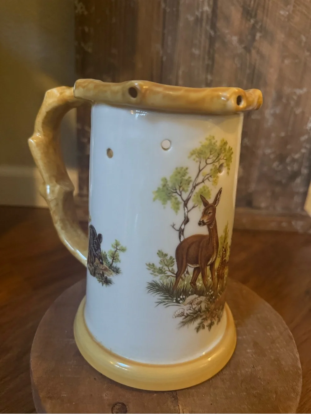 Vintage German Porcelain Trick Puzzle Beer Stein - Deer Motif w/ Lithophane